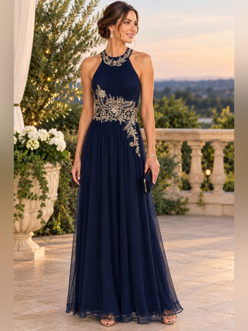Betsy & Adam Navy Maxi Beaded Evening Dress with Gold Embroidery. Size 8